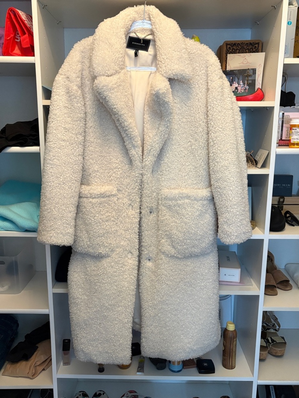 BCBGMaxAzria Cream Teddy Faux-Shearling Long Coat